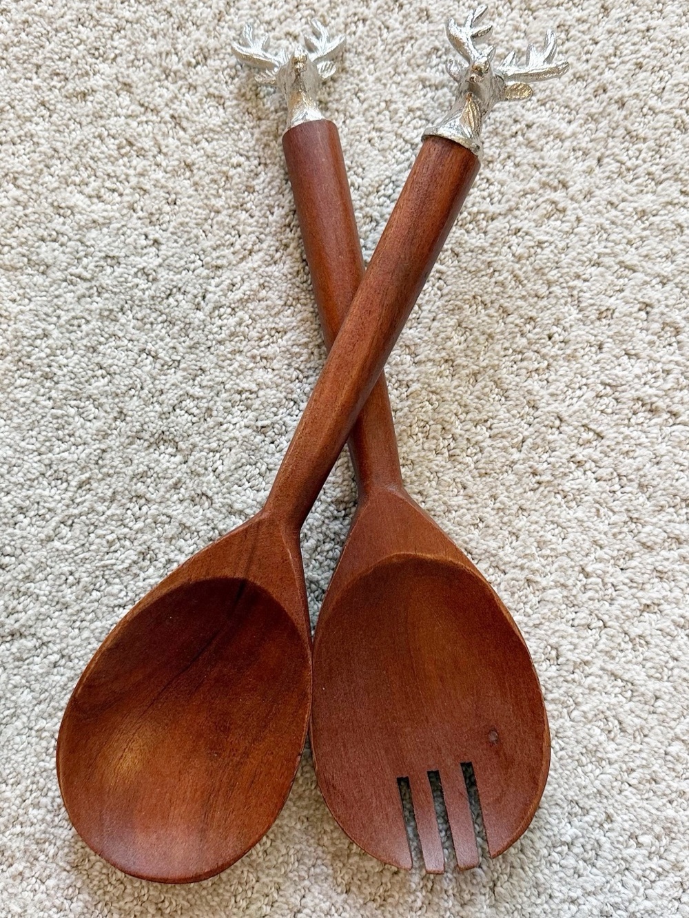 Elk Head Antlers Wooden Salad Servers Set Fork Spoon Acacia Wood Silver